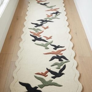 Hand Tufted Bird Flying Green Wavy Runner Rug, Elegant Flying Birds Luxury Hallway Runner Carpet, for Entryway, Roomway & Passage Area