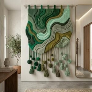 Elegant Irregular Wall Hanging Rug, Hand Tufted Modern Wave & Bobble Designer Wall Decor Art