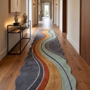 Hand Tufted Modern Runner Rug, Mustard Yellow Wool Wavy Runner, Sculpted Irregular Edge Luxury Carpet, for Hallway, Entryway & Passage Area