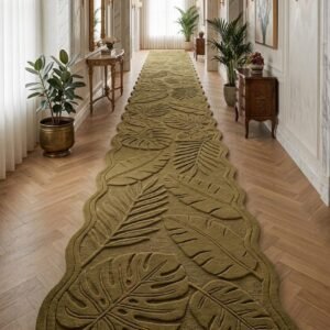 Hand Tufted Tropical Leaf Wool Runner Rug, Modern Botanical Design, Sculpted Texture Wavy Edge Beige Runner, for Hallway, Entryway & Passage
