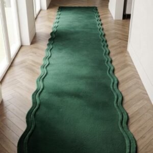 Hand Tufted Solid Beige Runner Rug, Luxury Plain Wave Border Wool Carpet, Organic Scalloped Edge Hallway Runner, for Entryway & Passage