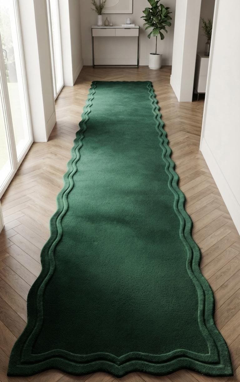 Hand Tufted Solid Beige Runner Rug, Luxury Plain Wave Border Wool Carpet, Organic Scalloped Edge Hallway Runner, for Entryway & Passage