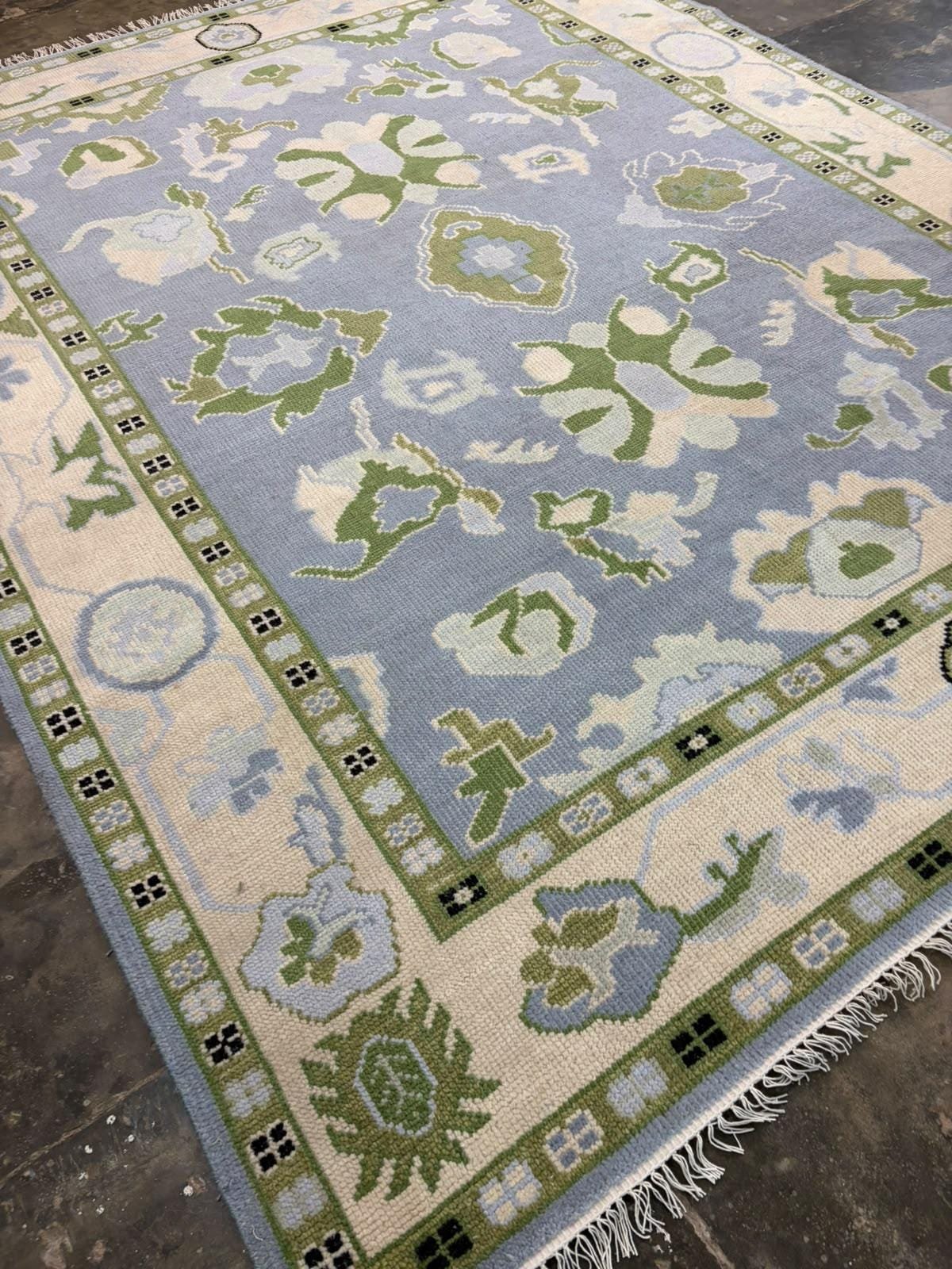 Hand Knotted Wool Rug, Vintage Floral Area Rug, Blue Green Traditional Carpet, Botanical Ivory Border Rug for Living Room, Bedroom Entryway