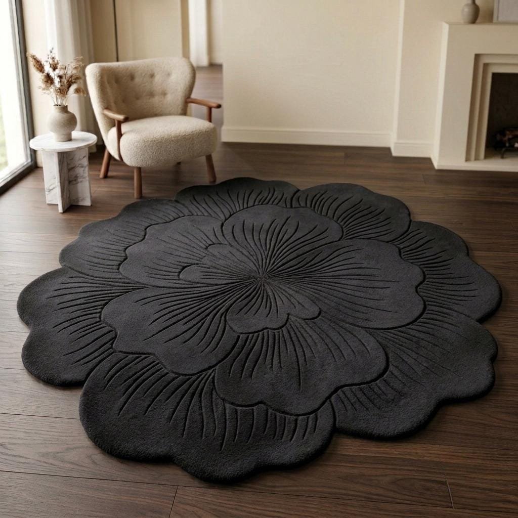 Terracotta Flower Rug, Hand Tufted Wool Area Deco, Sculpted Floral Carpet, Burnt Orange Statement Rug, Organic Living Room Entryway Decor