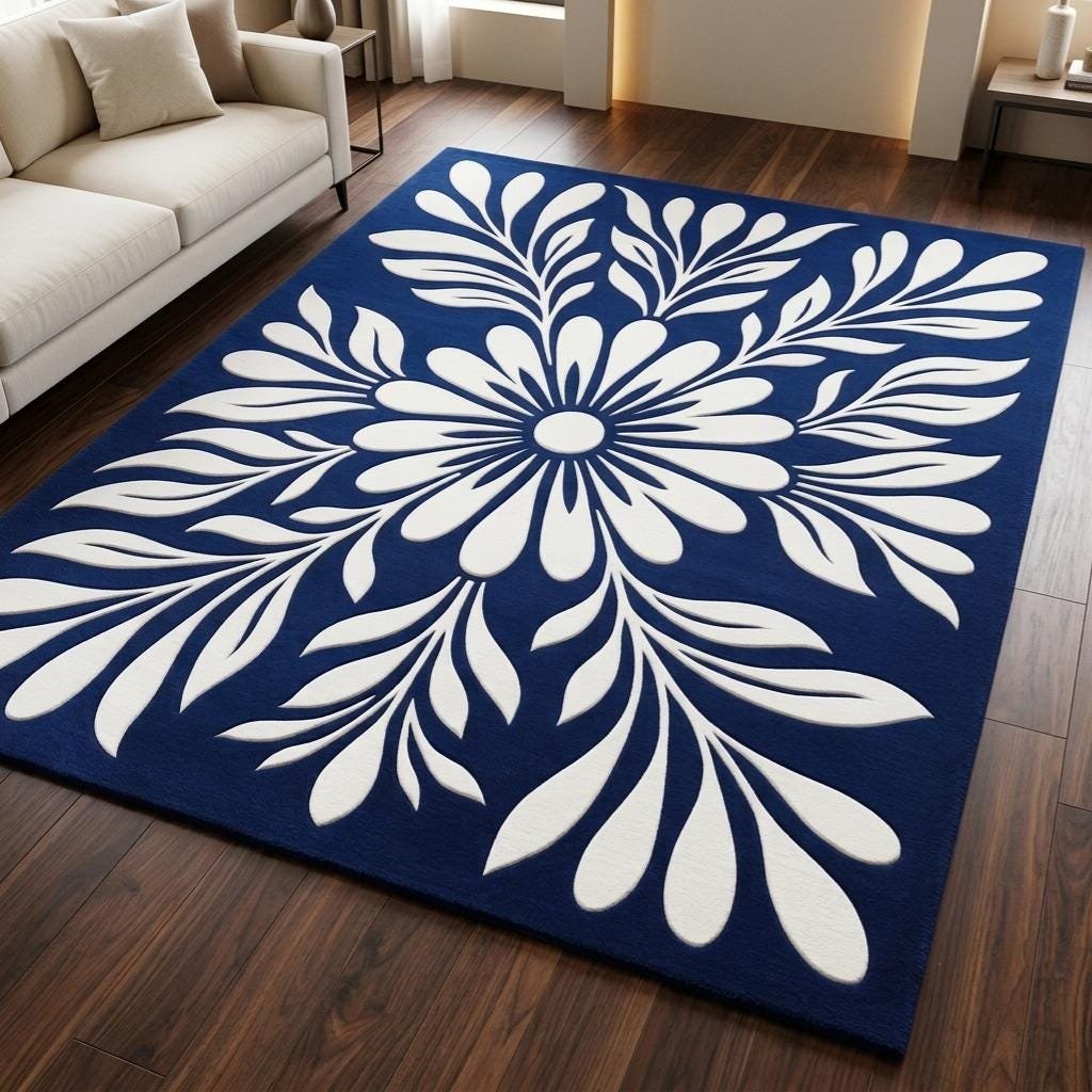 Burgundy Floral Wool Area Rug, Ivory Botanical Flower Design, Custom Size